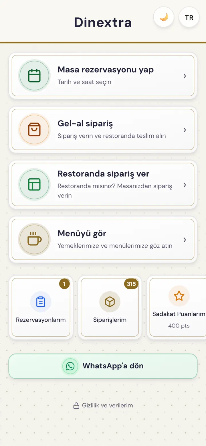 Restoranın web uygulamasının ana ekranı