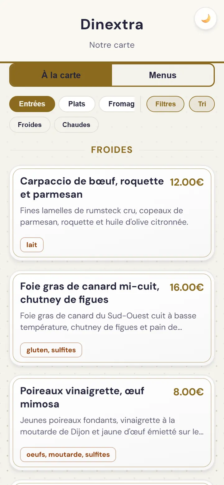 La carte du restaurant dans la webapp